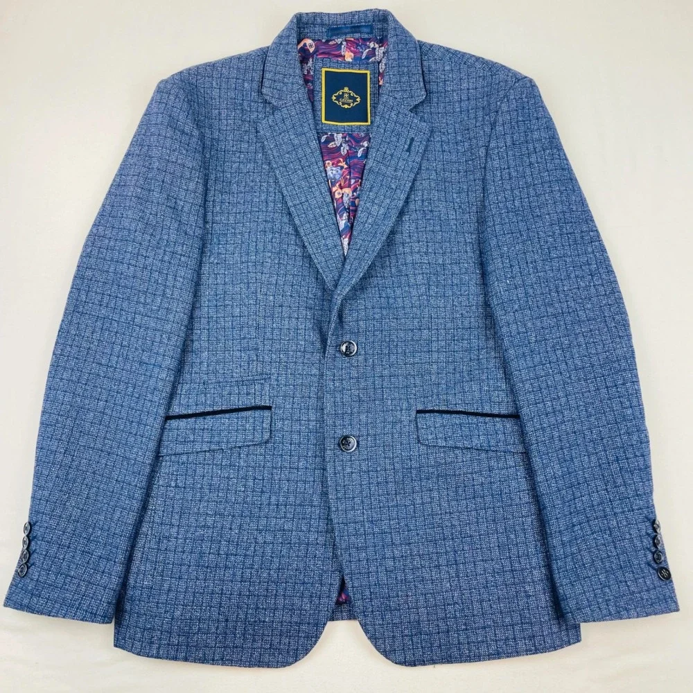 House of Cavani Mens Blue Textured Tweed Blazer Jacket UK 40R Floral Lining